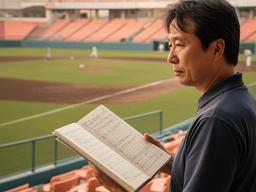 編集長が下関の球場で試合記録を確認している様子