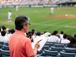 地域担当ライターが福岡の野球場の観客席で取材している様子