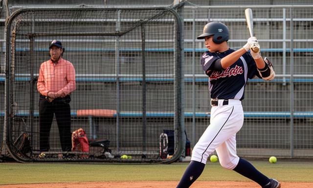 地方球場で打撃練習に取り組む若手野球選手とバックネット越しに視察するスカウト