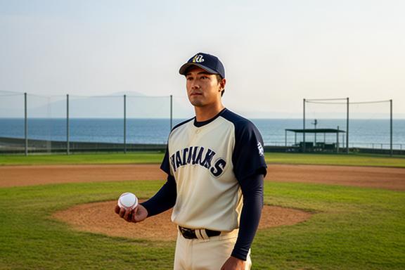 山口県の海辺にある少年野球場でボールを手にする地元出身選手