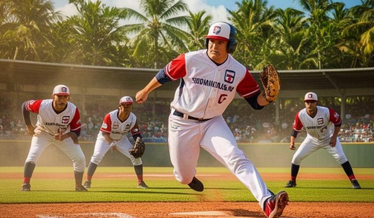 南国の球場で国際大会に臨むドミニカ代表の走者と内野守備