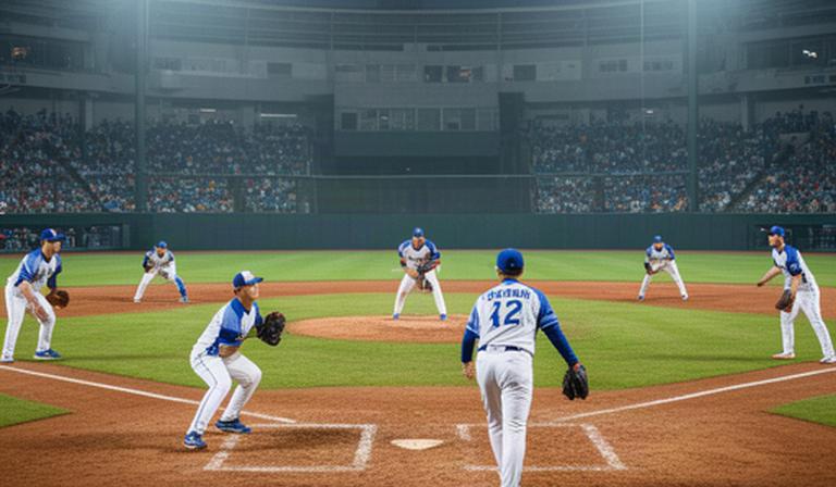 国際大会の球場で守備につく韓国代表の選手たちと照明に照らされた内野