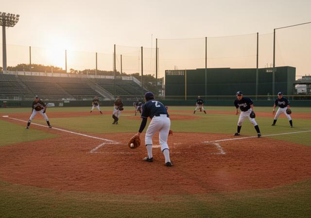 夕方の野球場で地元の選手たちが内野練習を行う風景